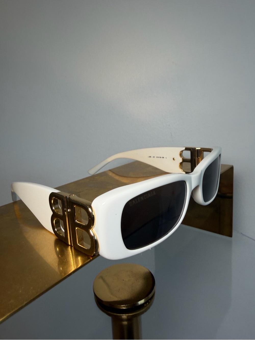 Balenciaga White Frame Sunglasses with Gold BB Accent